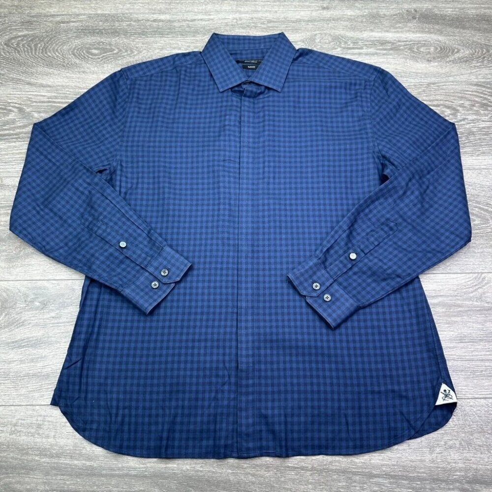 John Varvatos Slim Fit Tailored Dress Shirt Mens 16 32/33 Blue Check Preppy
